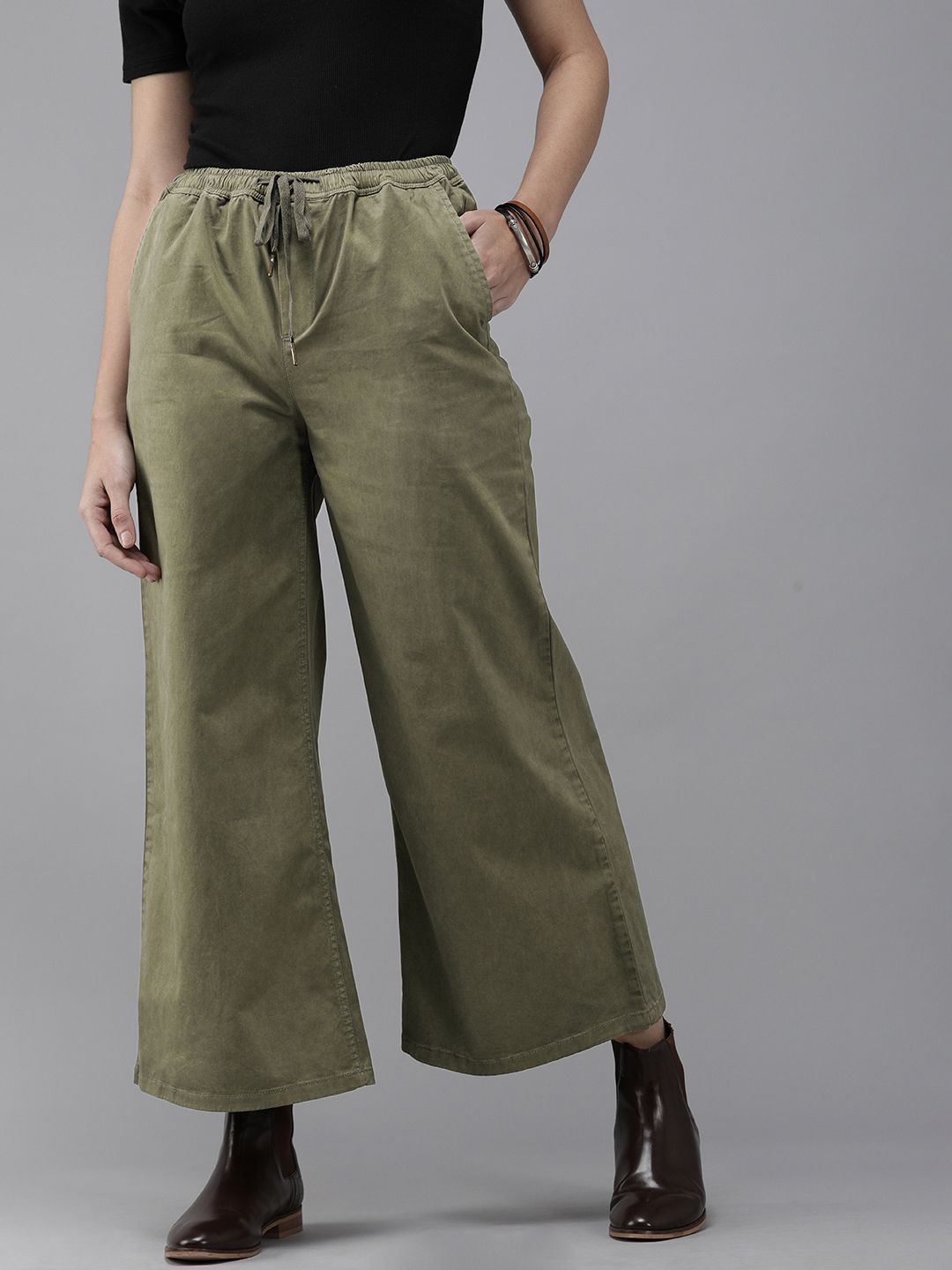 The Roadster Lifestyle Co Women Olive Green Cropped Flared Chinos Price in India
