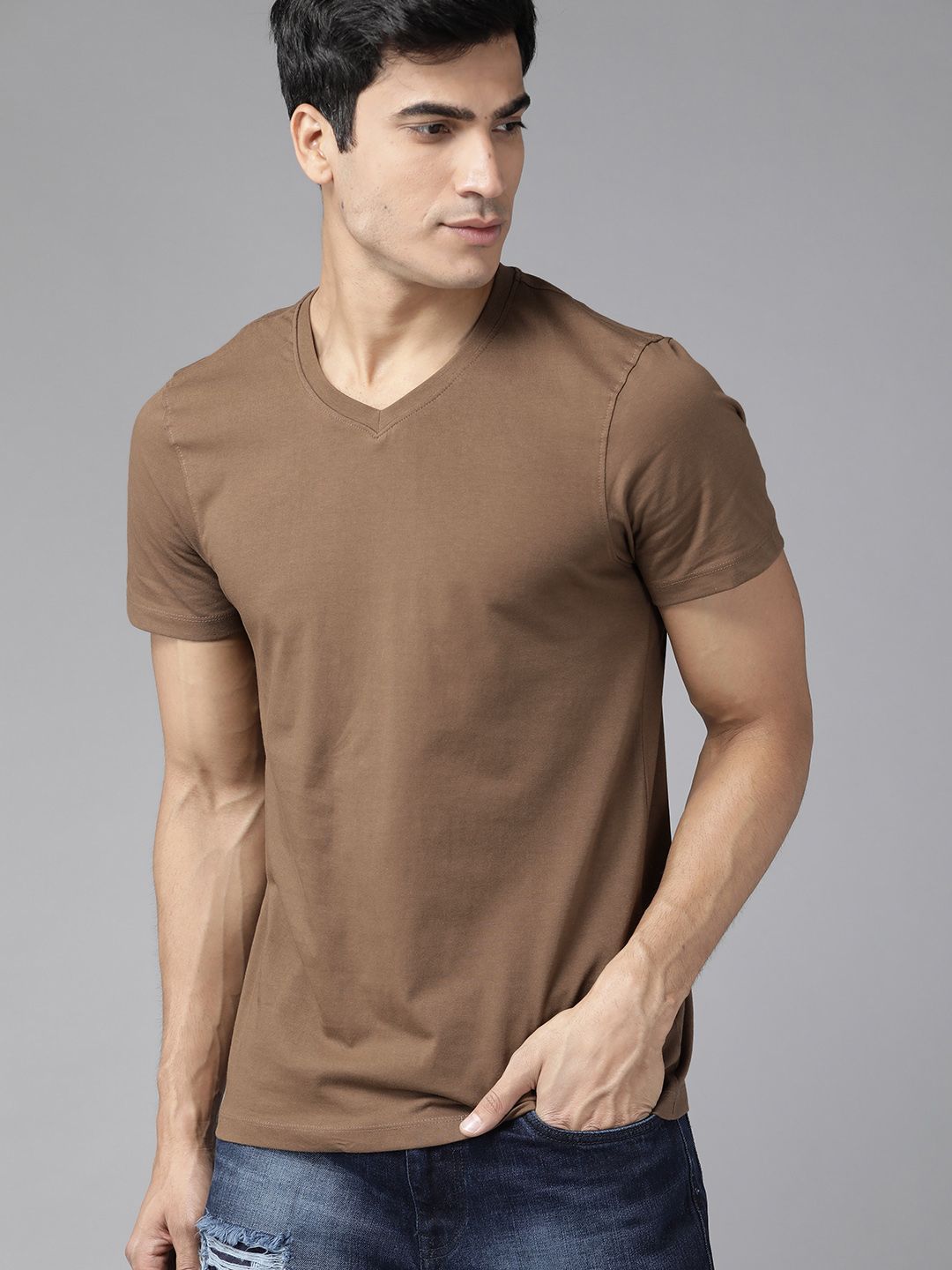 The Roadster Lifestyle Co Men Pack of 2 Black Olive Brown Solid V-Neck Cotton Pure Cotton T-shirt