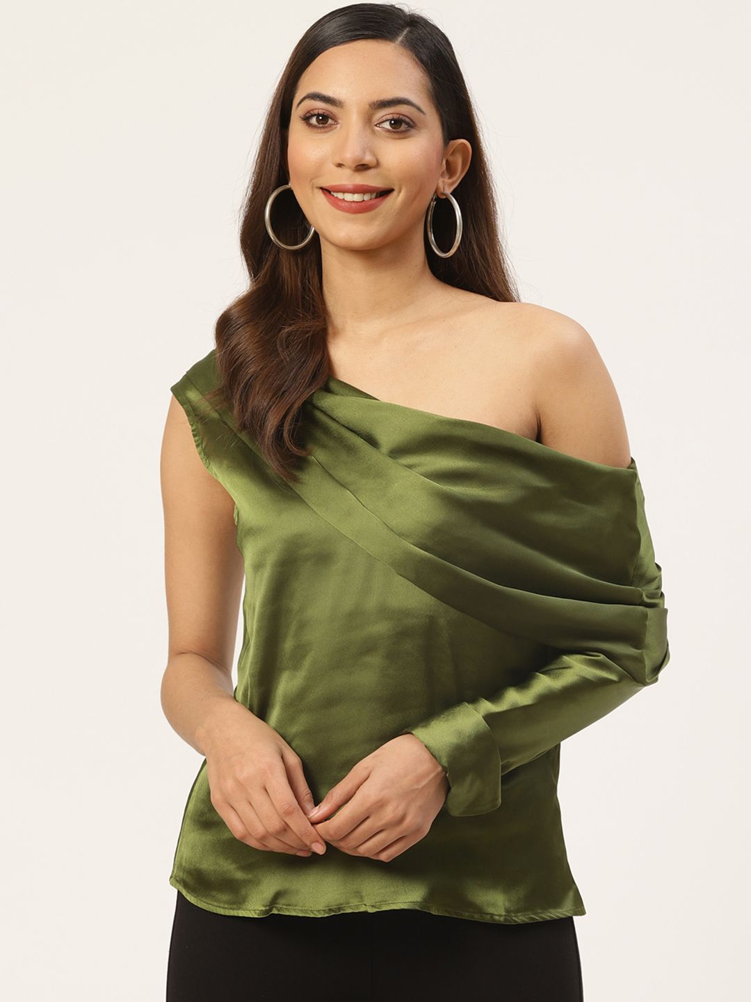 DODO & MOA Women Olive Green Solid One-Shoulder Satin Finish Top