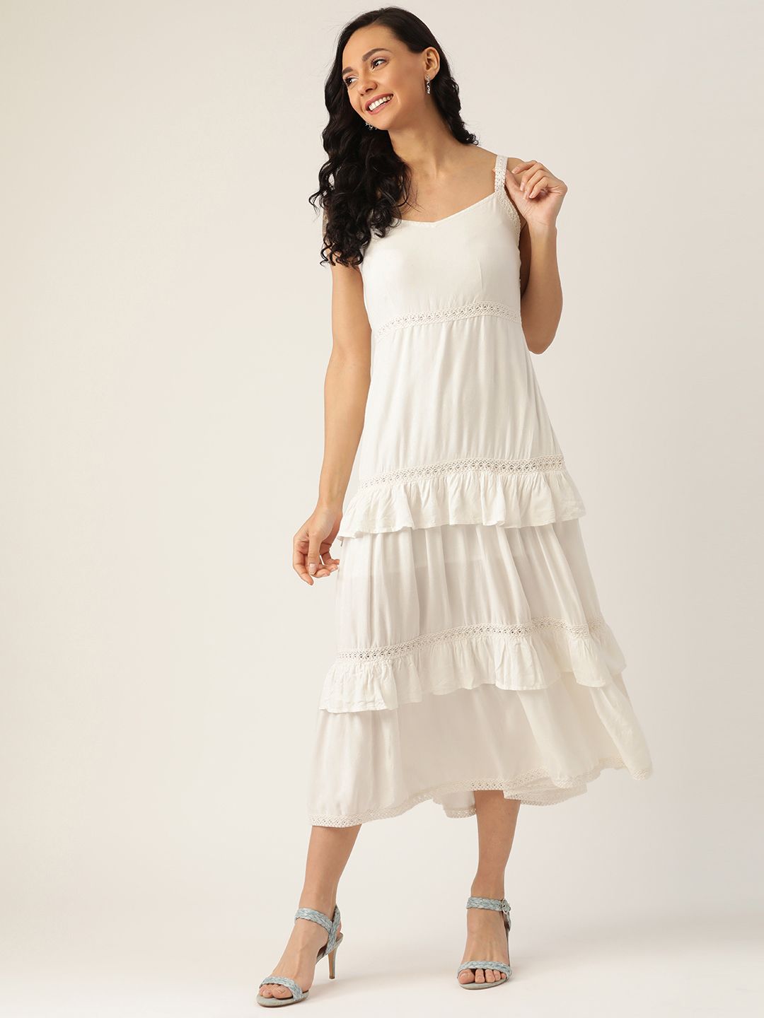 DODO & MOA Women White Solid Tiered A-Line Dress with Lace Inserts