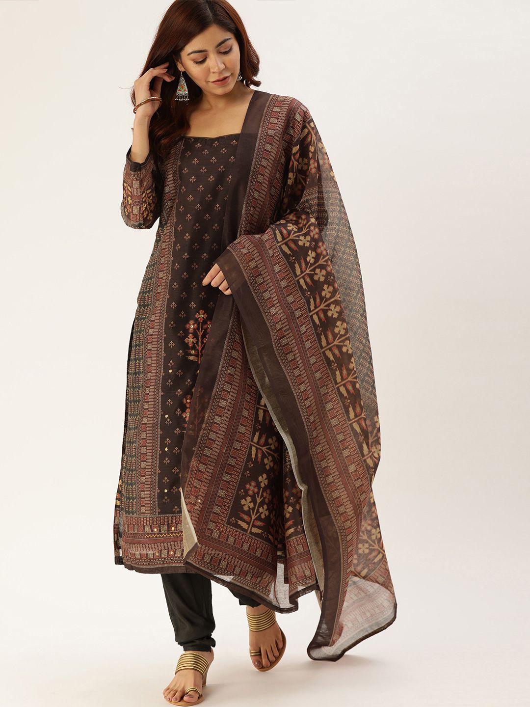 Shaily Coffee Brown & Beige Printed Silk Blend Unstitched Dress Material With Mirror Work Price in India