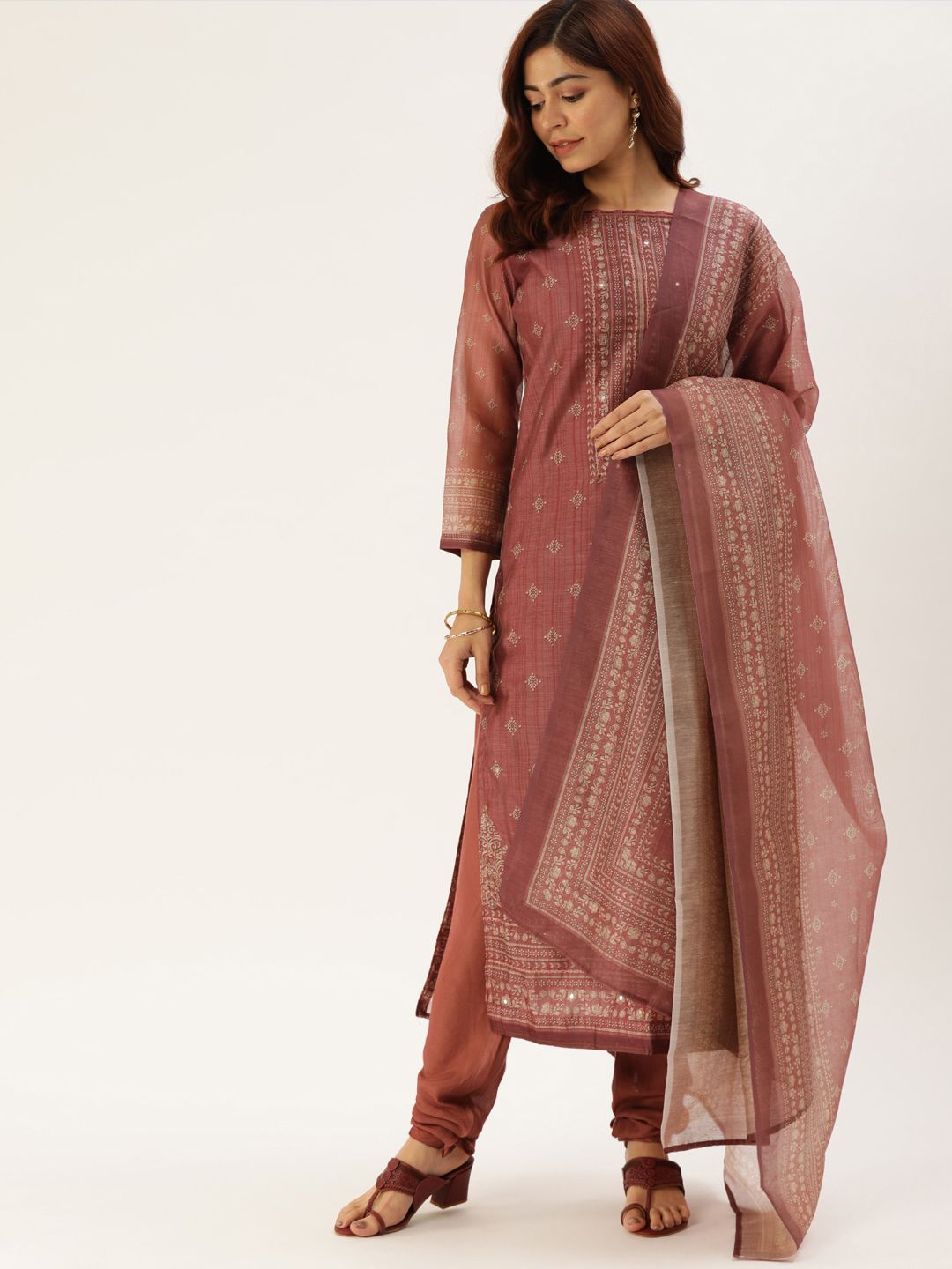 Shaily Rust & Beige Silk Blend Unstitched Dress Material Price in India