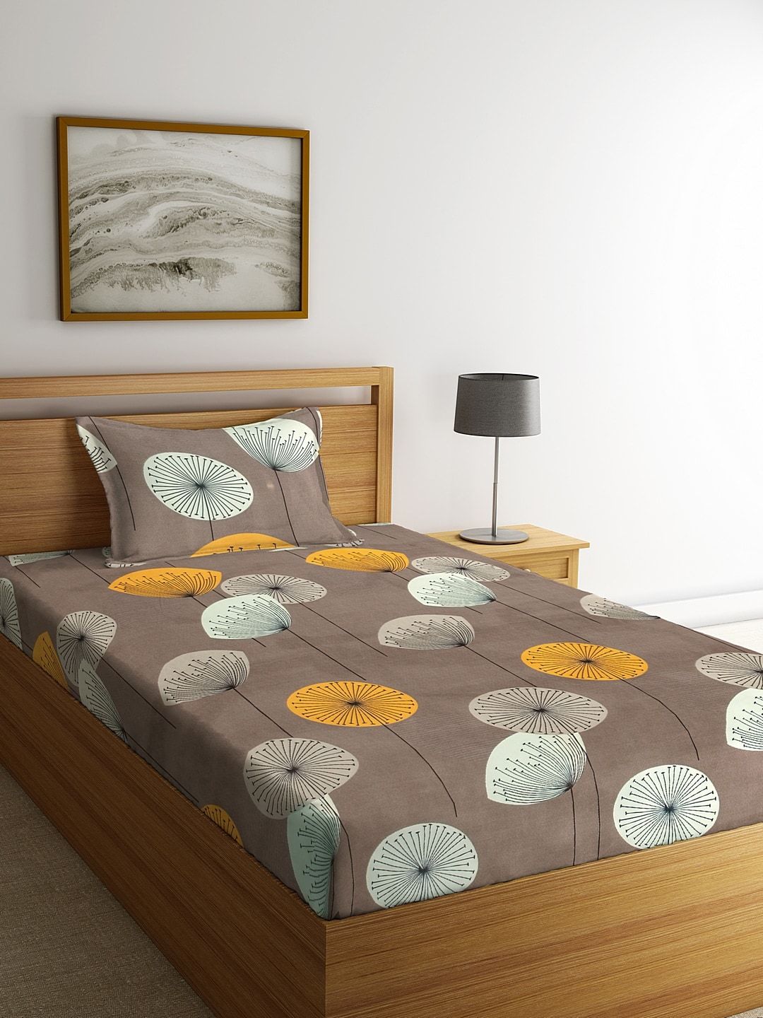 KLOTTHE Unisex Brown Floral Printed 210 TC Single Bedsheet With 1 Pillow Cover Price in India