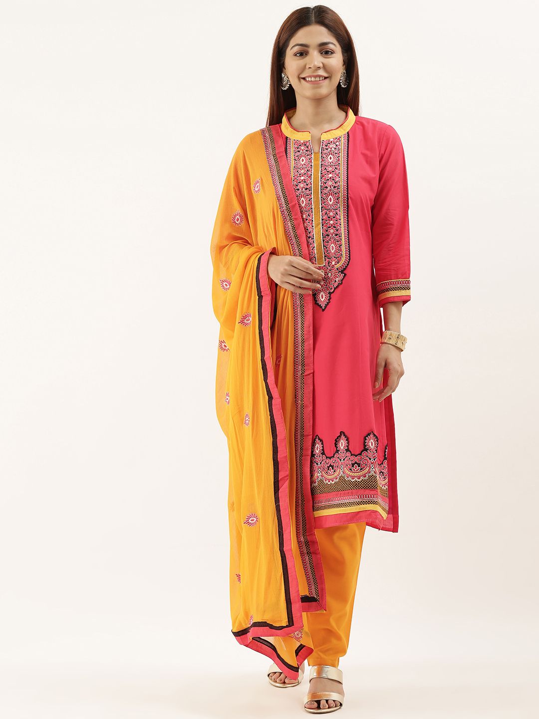 Kvsfab Pink & Yellow Embroidered Unstitched Dress Material Price in India