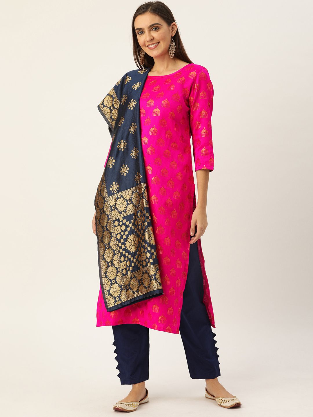 Kvsfab Pink & Navy Blue Silk Crepe Unstitched Dress Material Price in India