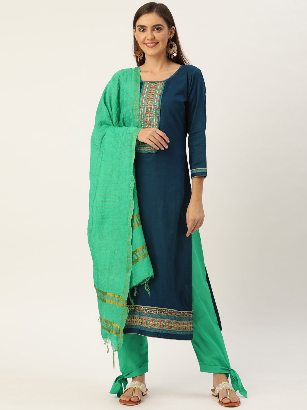 Kvsfab Blue & Green Cotton Blend Unstitched Dress Material Price in India