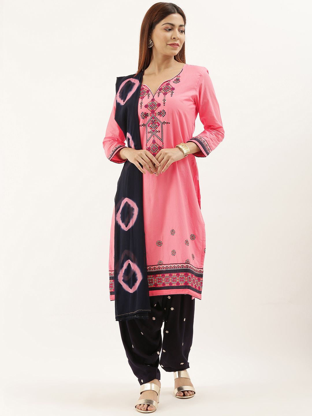 Kvsfab Pink & Navy Blue Embroidered Unstitched Dress Material Price in India