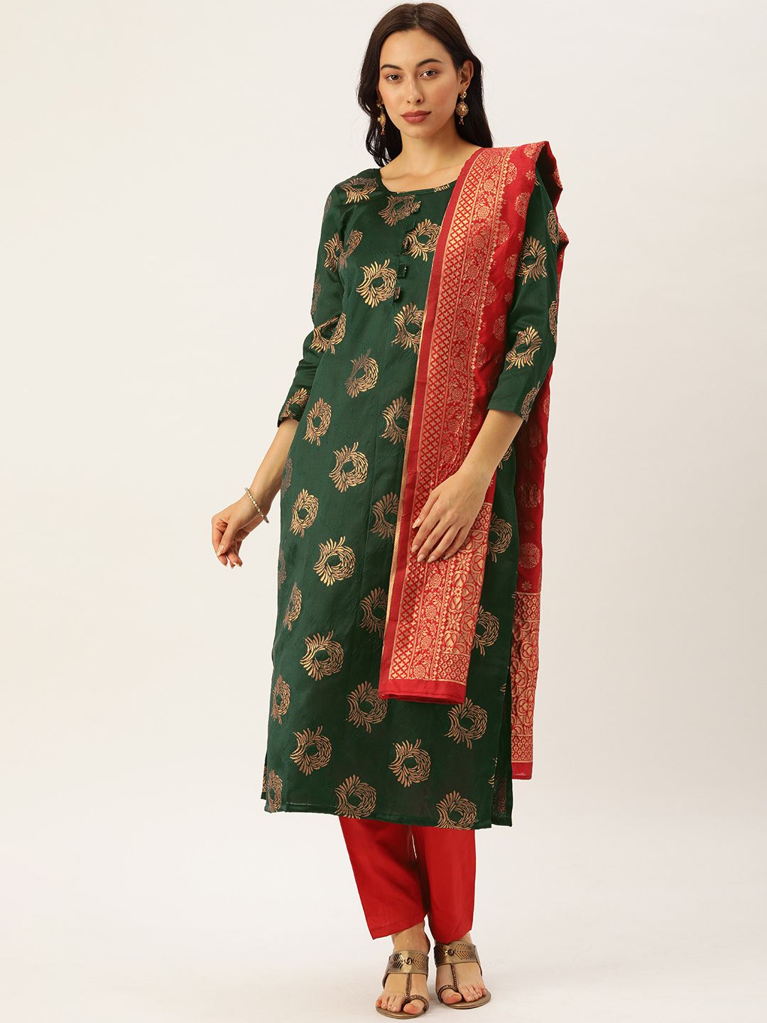 Kvsfab Green & Red Silk Crepe Unstitched Dress Material Price in India