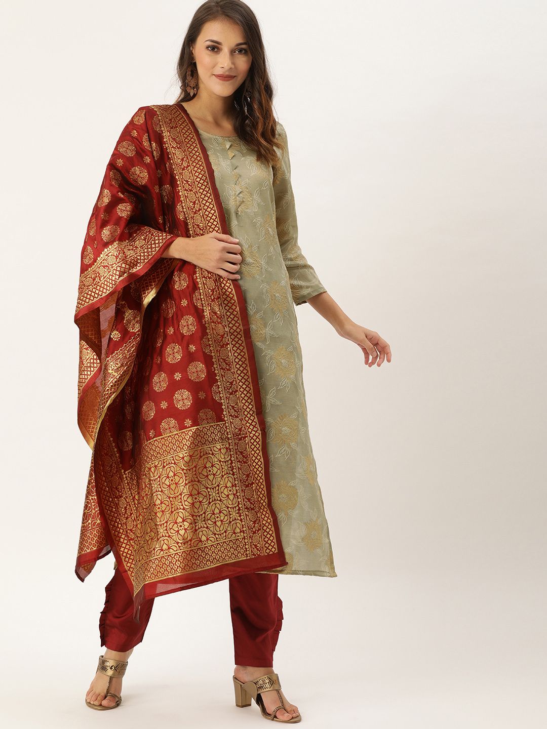 Kvsfab Beige & Maroon Silk Crepe Unstitched Dress Material Price in India