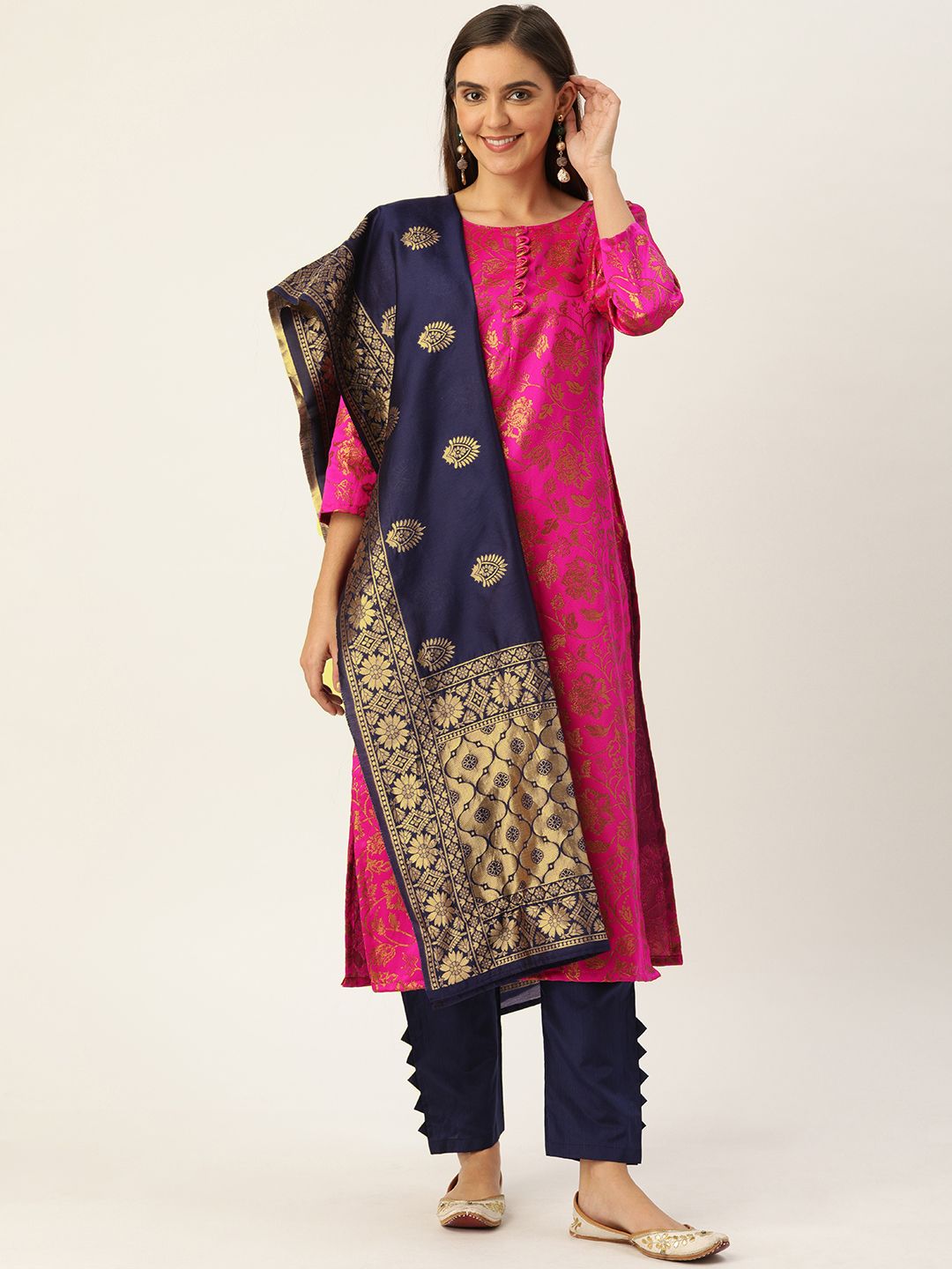 Kvsfab Pink & Navy Blue Silk Crepe Unstitched Dress Material Price in India