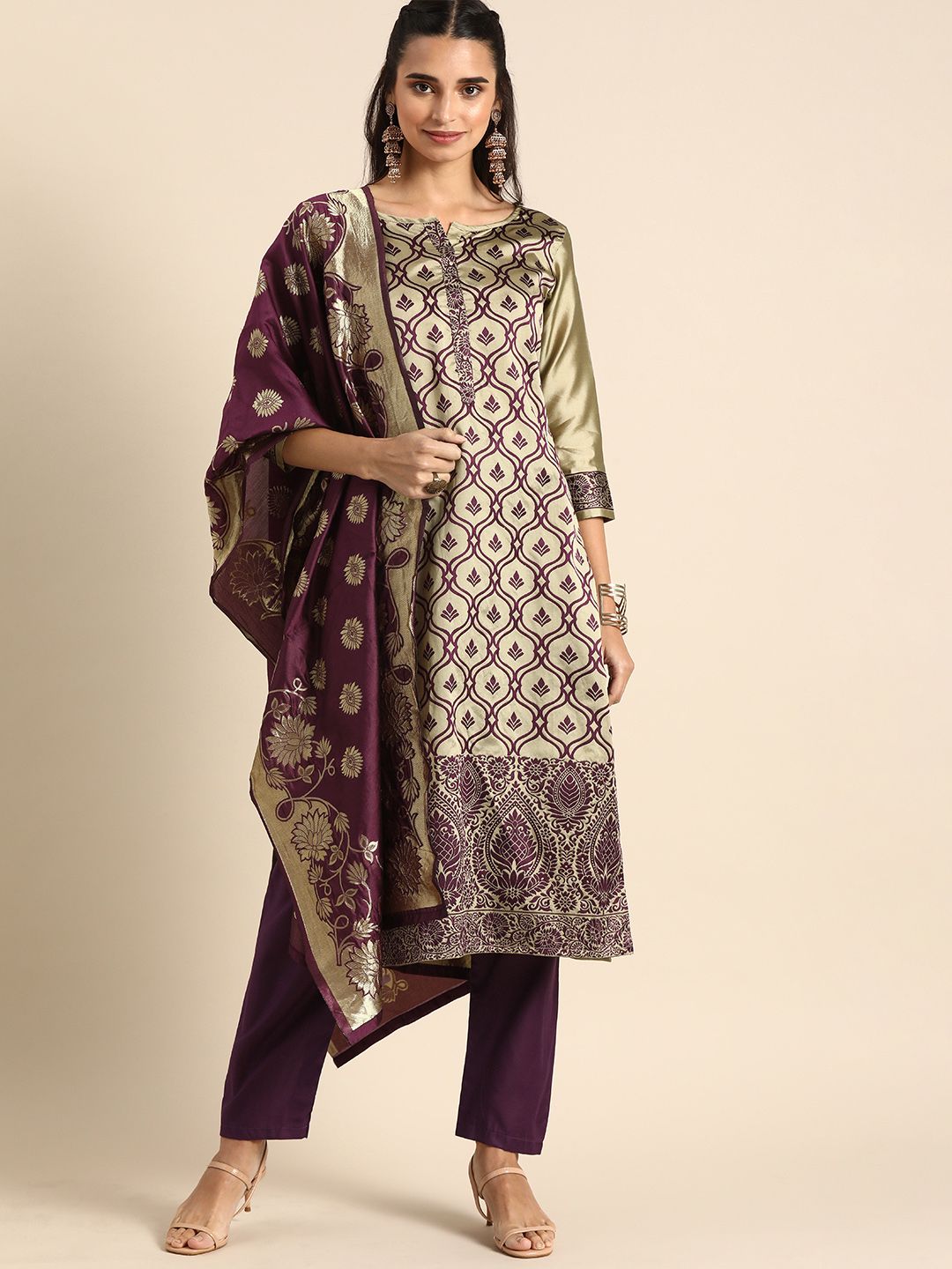 Kvsfab Beige & Purple Woven Design Unstitched Dress Material Price in India