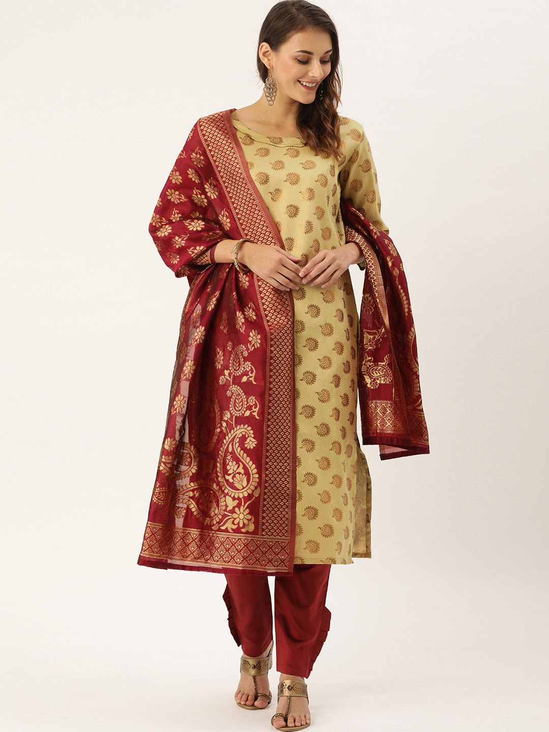 Kvsfab Beige & Maroon Silk Crepe Unstitched Dress Material Price in India