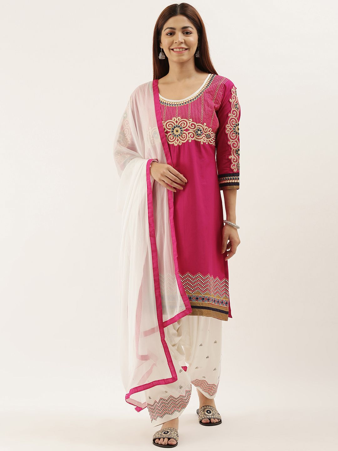 Kvsfab Pink & White Embroidered Unstitched Dress Material Price in India