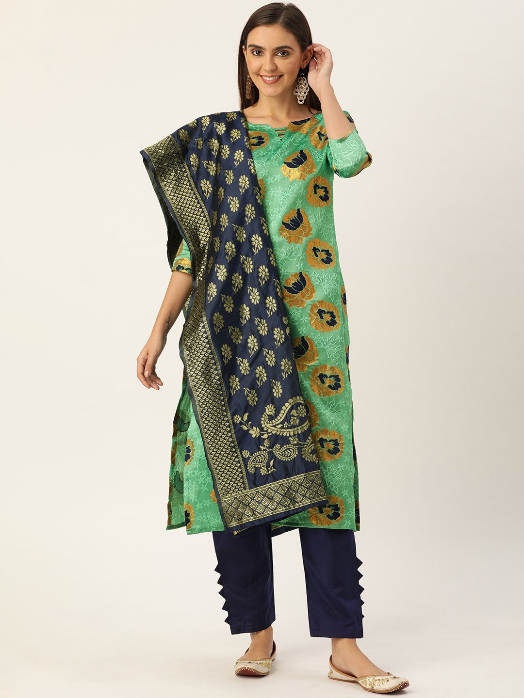 Kvsfab Green & Navy Blue Silk Crepe Unstitched Dress Material Price in India