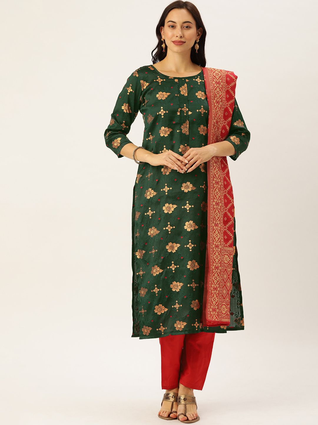 Kvsfab Green & Red Silk Crepe Unstitched Dress Material Price in India