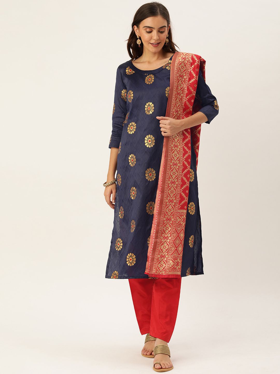 Kvsfab Navy Blue & Red Silk Crepe Unstitched Dress Material Price in India