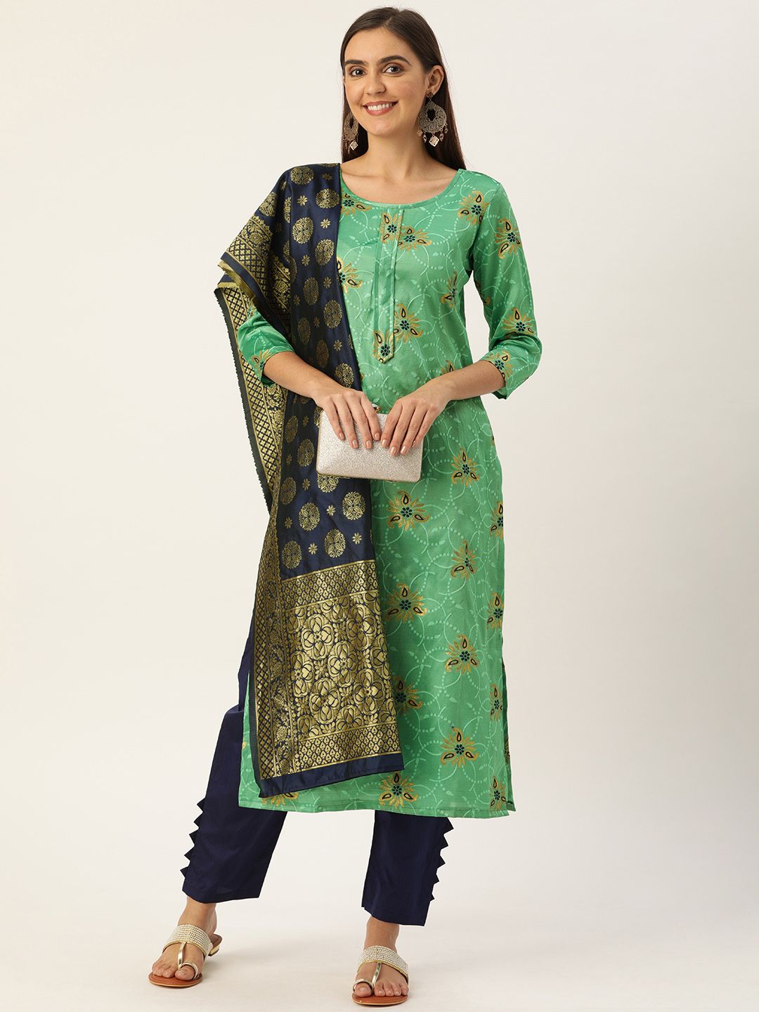 Kvsfab Green & Navy Blue Silk Crepe Unstitched Dress Material Price in India