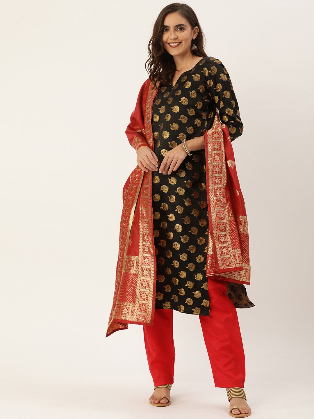 Kvsfab Black & Red Woven Design Unstitched Dress Material Price in India