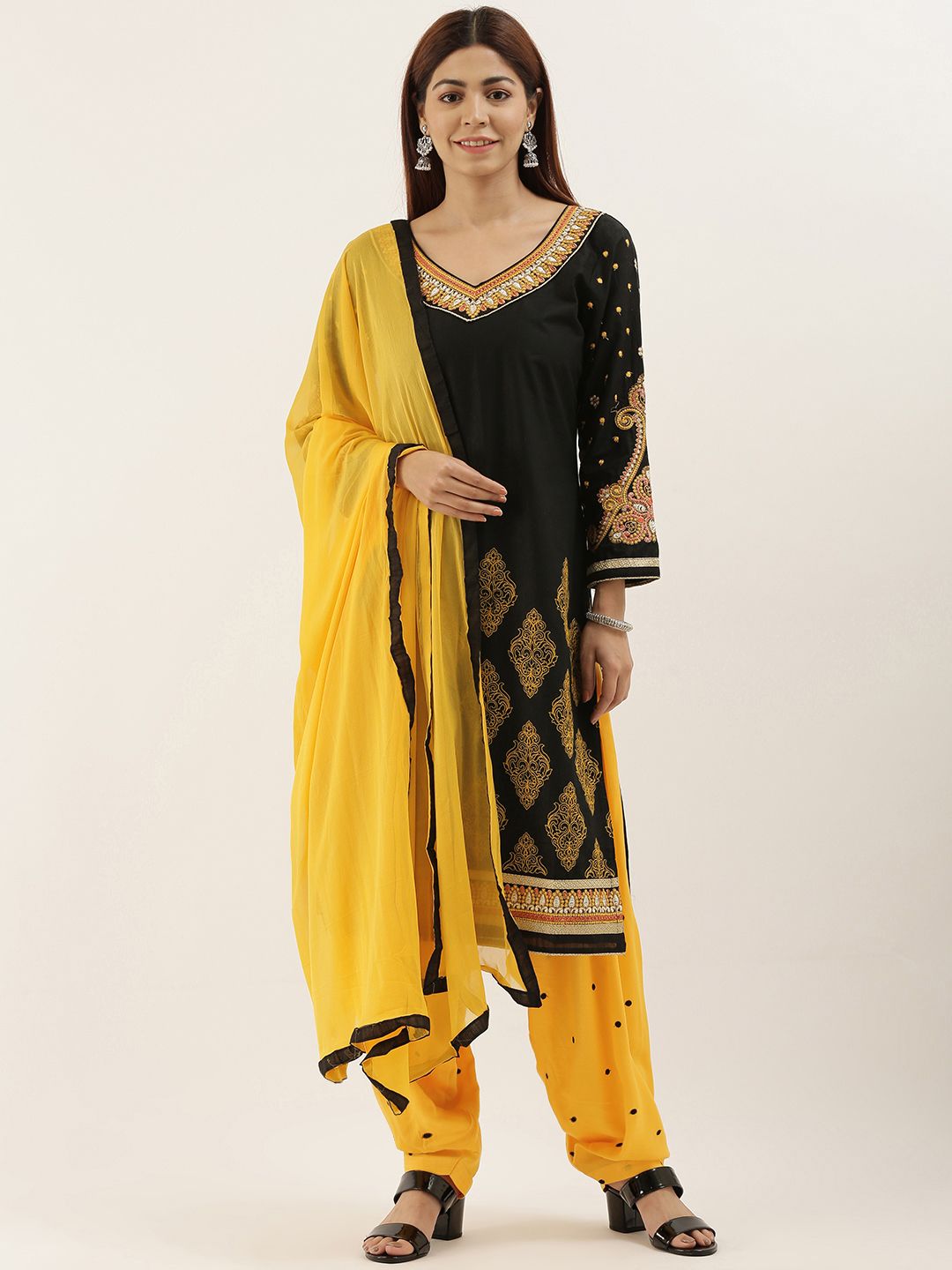 Kvsfab Black & Yellow Cotton Blend Unstitched Dress Material Price in India