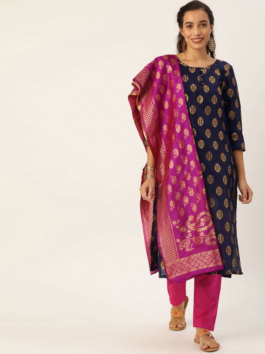 Kvsfab Navy Blue & Pink Woven Design Unstitched Dress Material Price in India