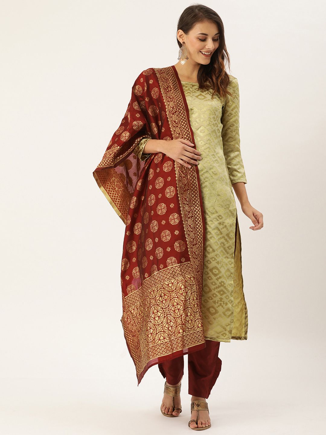 Kvsfab Beige & Maroon Silk Crepe Unstitched Dress Material Price in India