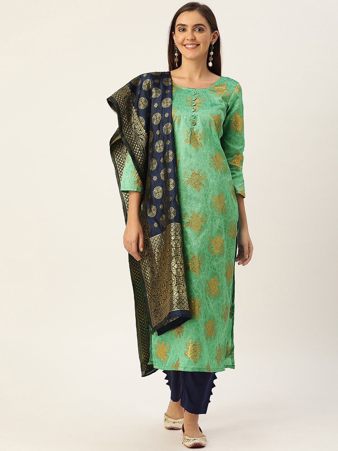 Kvsfab Green & Navy Blue Silk Crepe Unstitched Dress Material Price in India