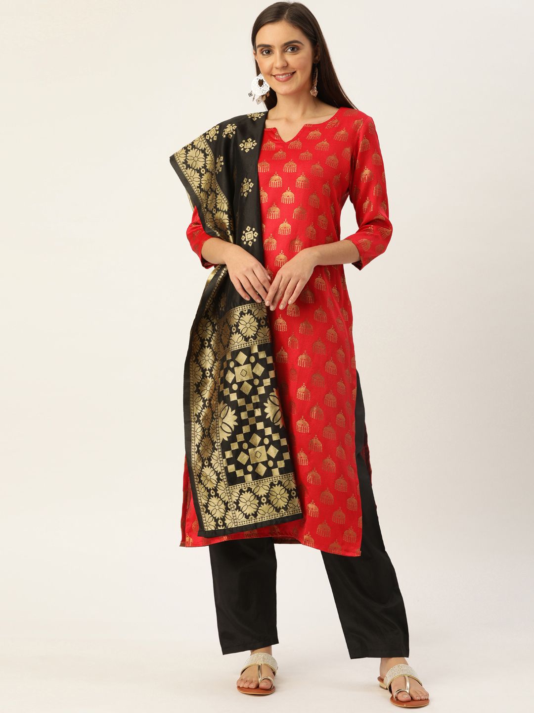 Kvsfab Red & Black Silk Crepe Unstitched Dress Material Price in India