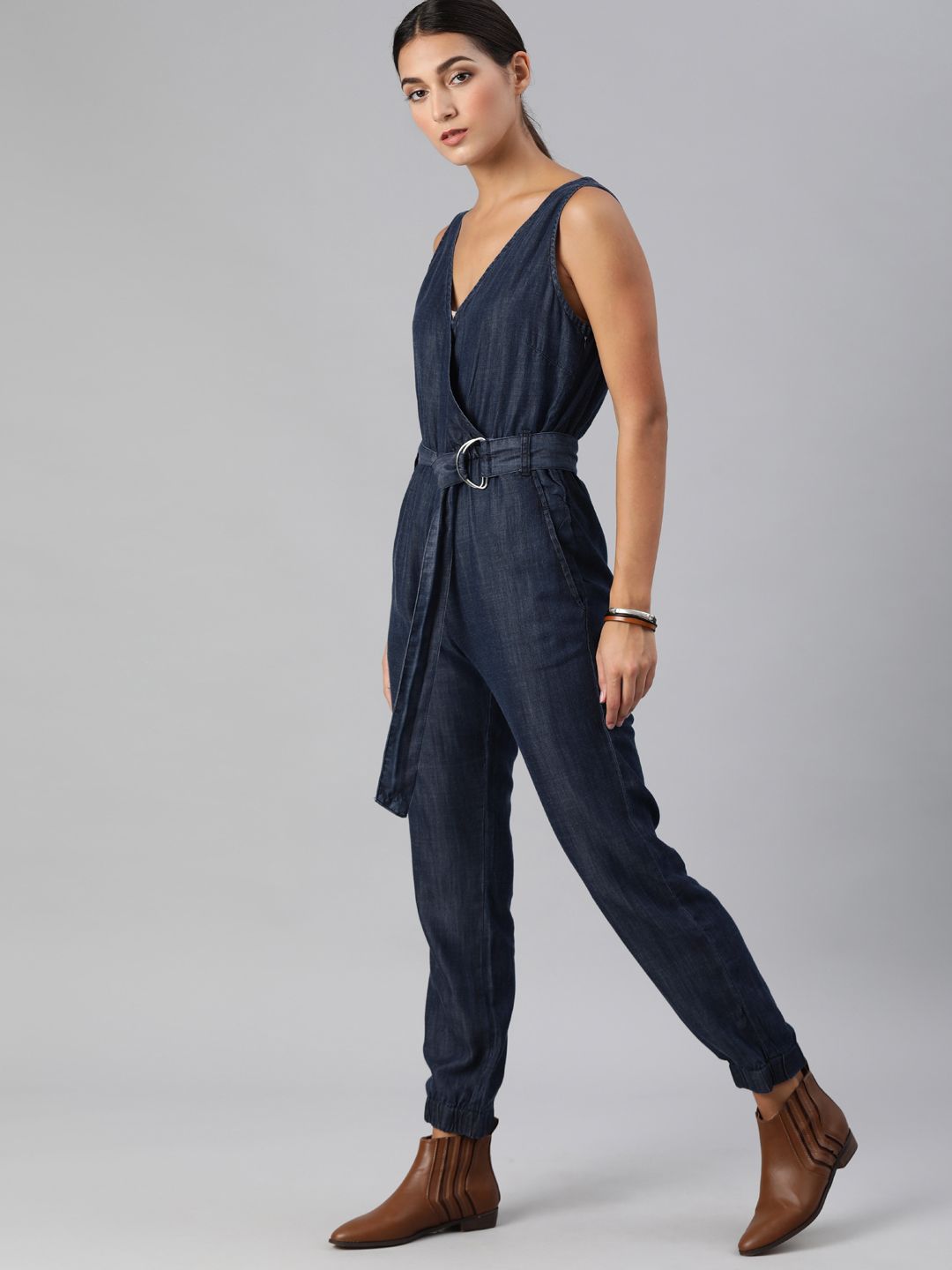 The Roadster Lifestyle Co Women Dark Blue Tencel Denim Jumpsuit With Shell Fabric Belt Price in India
