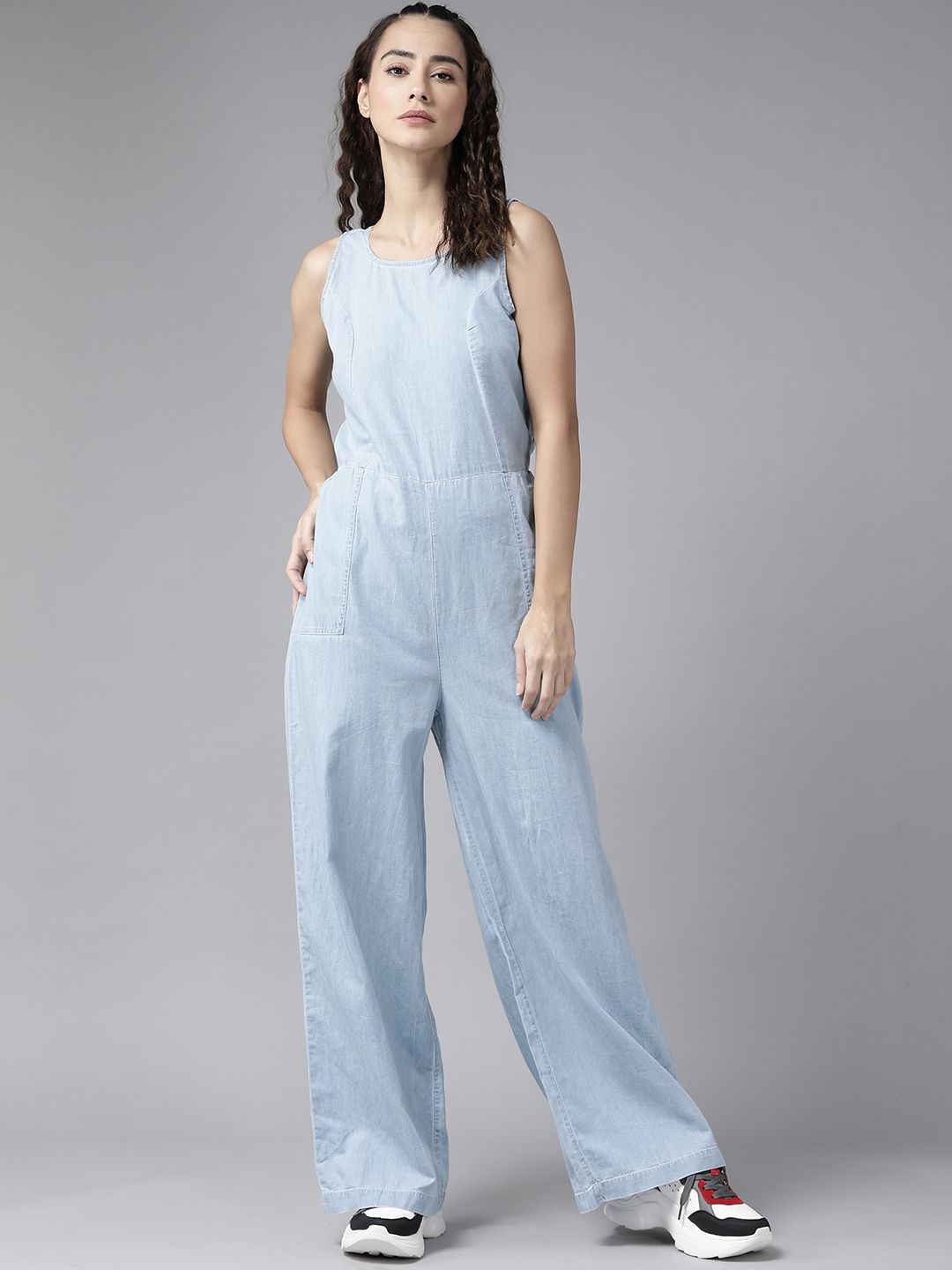 The Roadster Lifestyle Co Blue Pure Cotton Solid Wide Leg Jumpsuit with Tie-Up Back Price in India