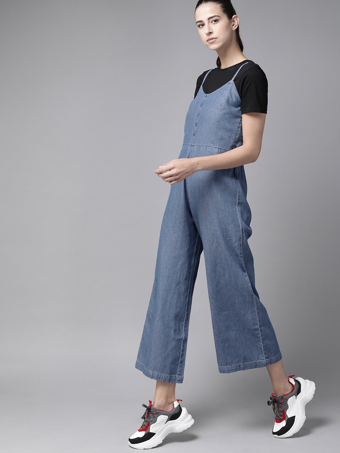 The Roadster Lifestyle Co Blue Pure Cotton Basic Denim Jumpsuit Price in India