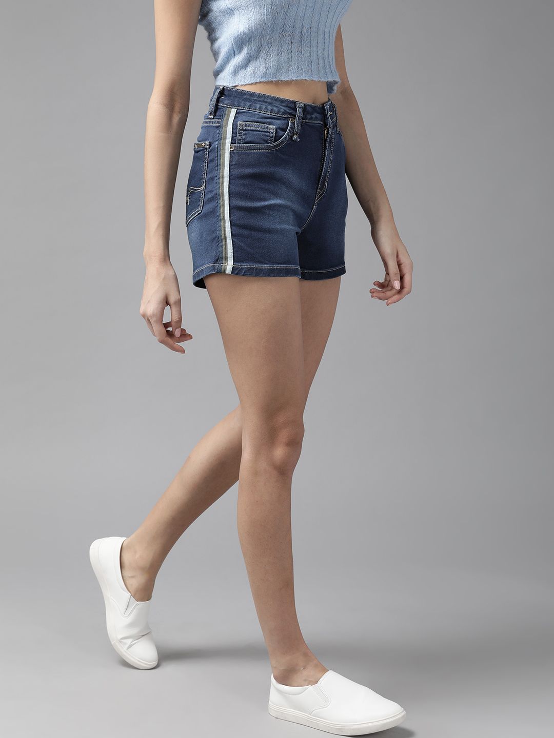The Roadster Lifestyle Co Women Navy Blue Solid Regular Fit Denim Shorts With Striped Taping Price in India