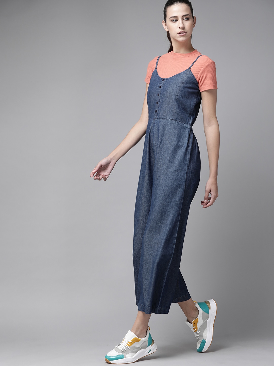 The Roadster Lifestyle Co Navy Blue Pure Cotton Basic Denim Jumpsuit Price in India