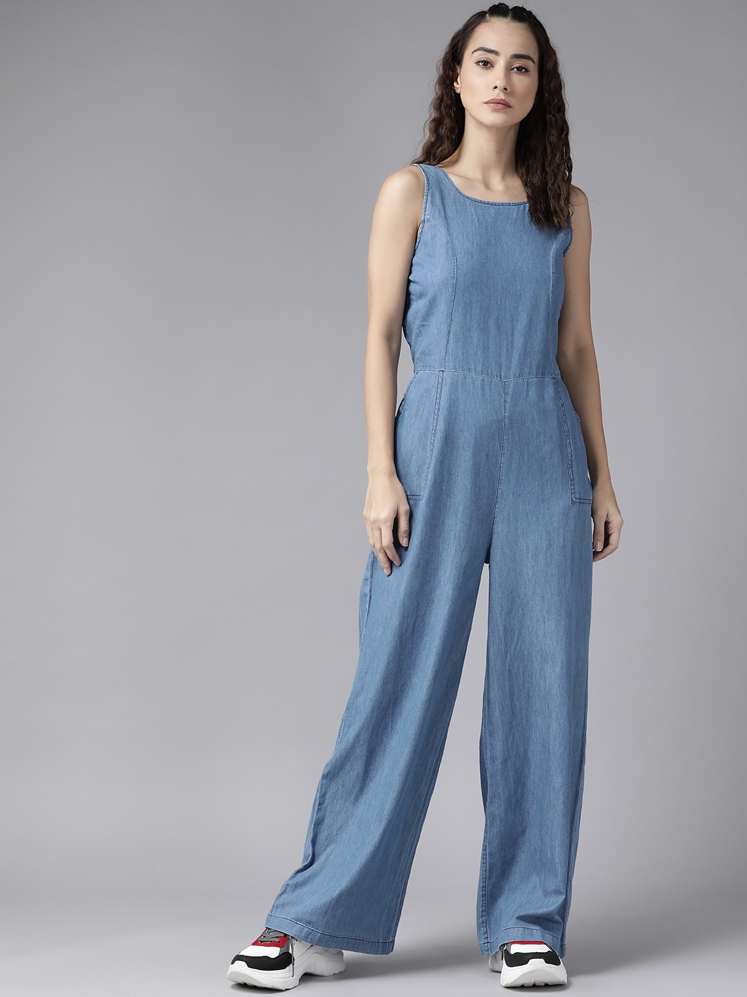 The Roadster Lifestyle Co Blue Solid Overall Cotton Basic Jumpsuit Price in India