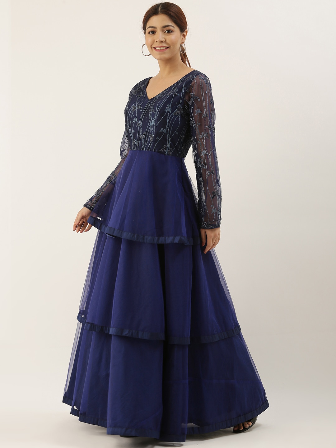 EthnoVogue Women Navy Blue Embellished Tiered Maxi Dress Price in India
