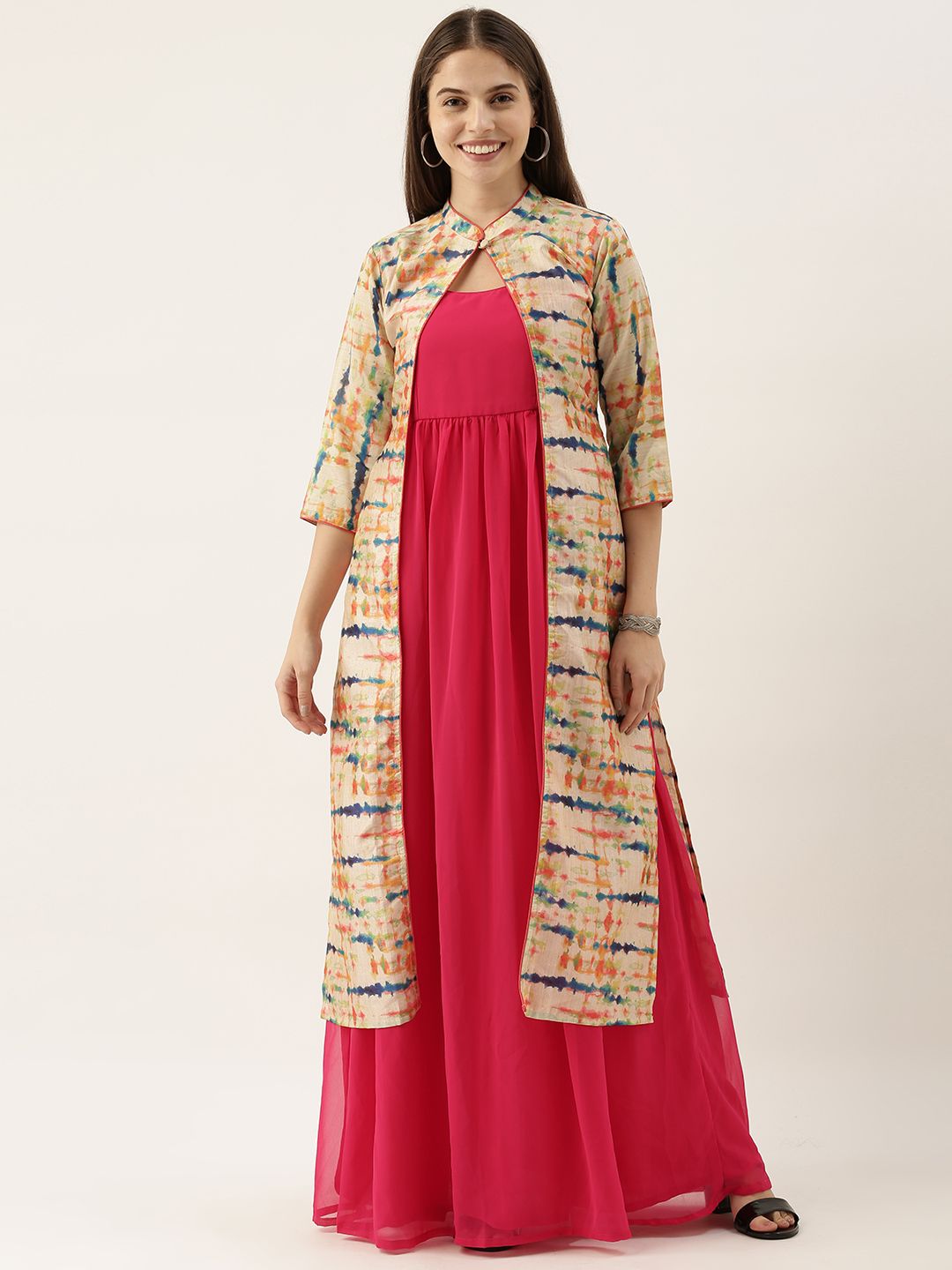 EthnoVogue Pink Georgette Made To Measure Ethnic Maxi Dress Price in India