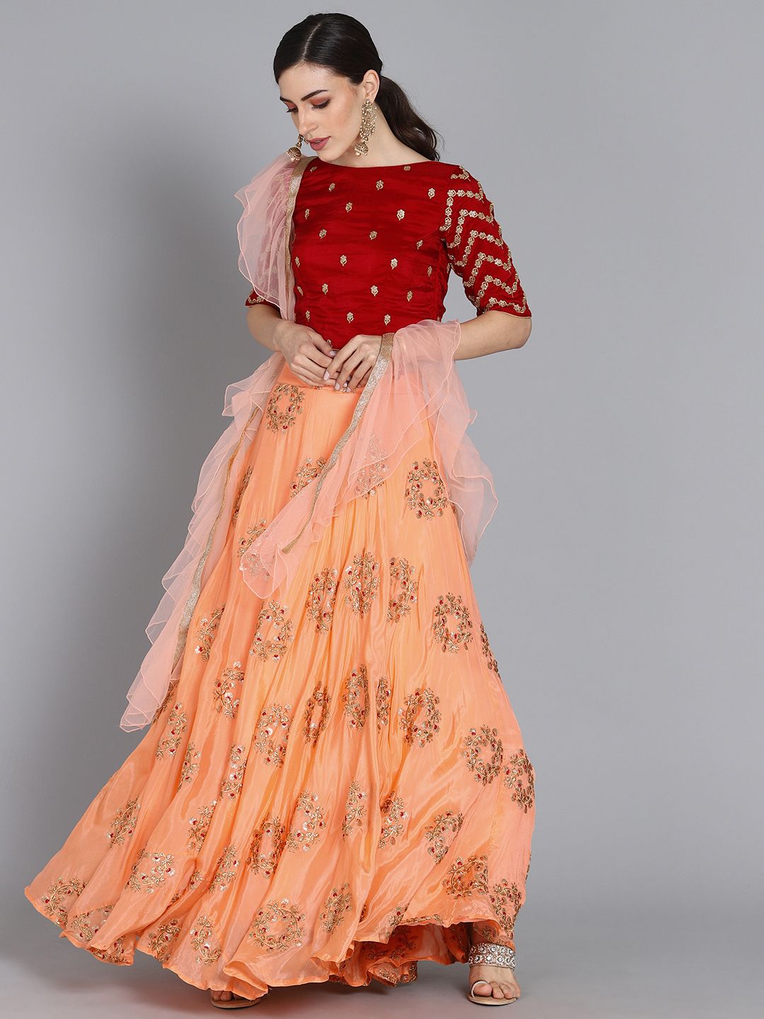 EthnoVogue Maroon & Peach-Coloured Embellished Made to Measure Lehenga & Blouse Price in India