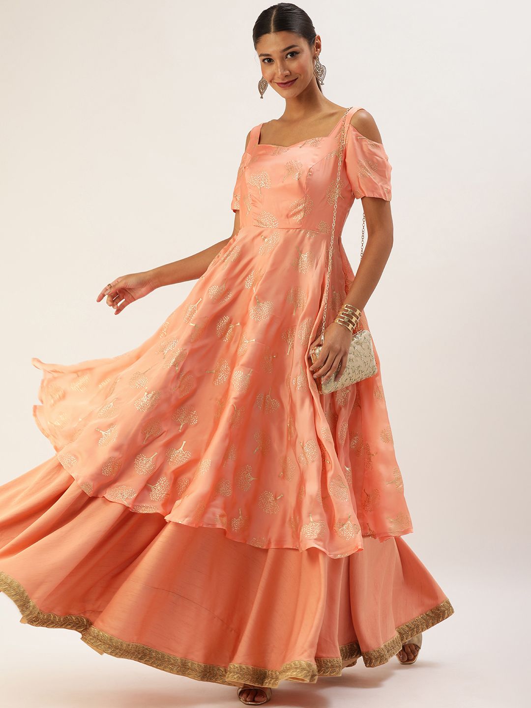EthnoVogue Peach-Coloured & Gold-Toned Floral Georgette Ethnic Midi Dress Price in India