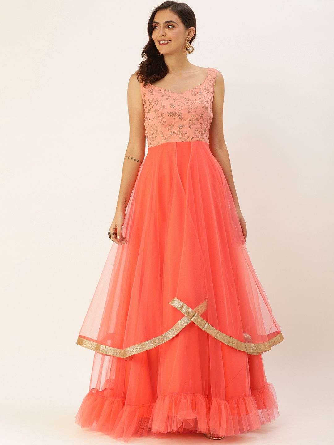 EthnoVogue Women Peach-Coloured Embroidered Made To Measure Fit and Flare Dress Price in India