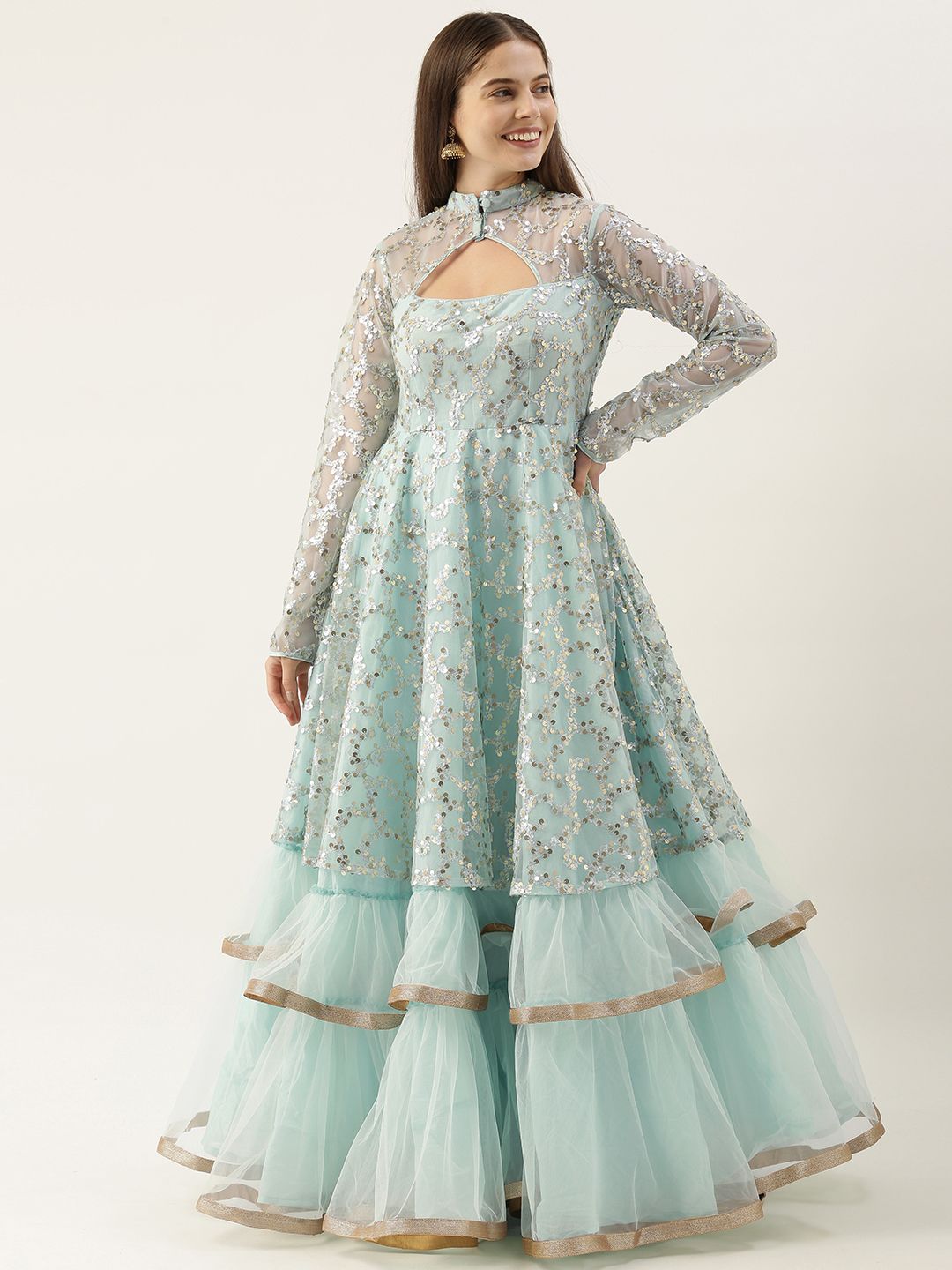 EthnoVogue Women Sea Green Sequinned Embellished Made To Measure Layered Bridal Maxi Dress Price in India