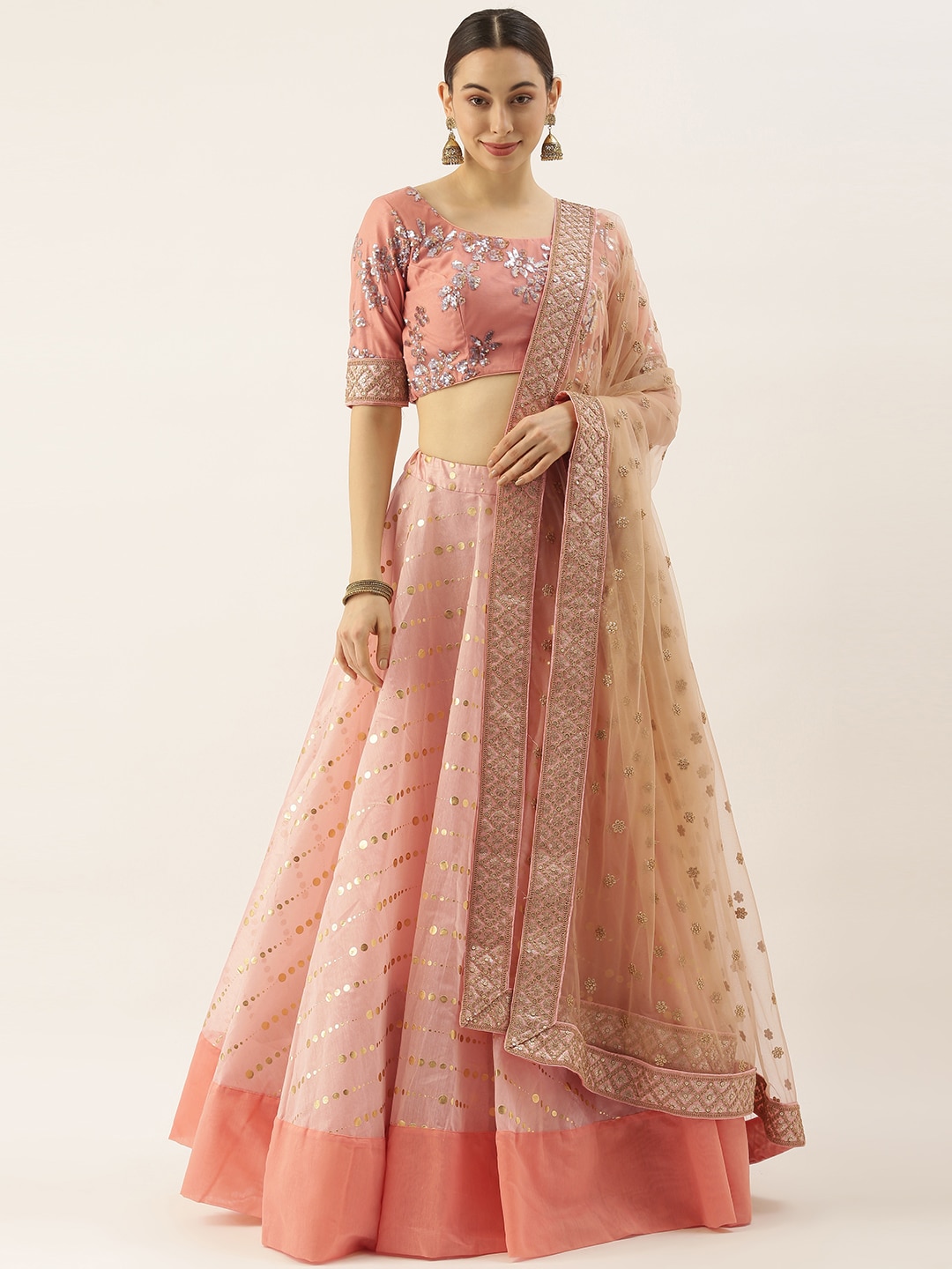 EthnoVogue Peach Embellished Sequinned Made to Measure Lehenga & Blouse With Dupatta Price in India