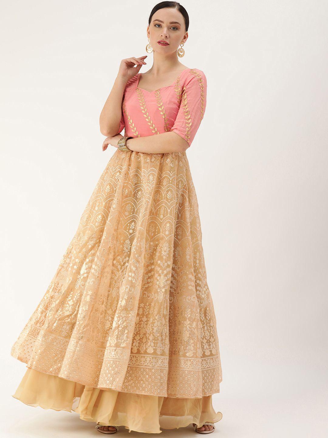 Ethnovog Peach-Coloured  Gold-Toned Made To Measure Layered Ethnic Maxi Dress Price in India