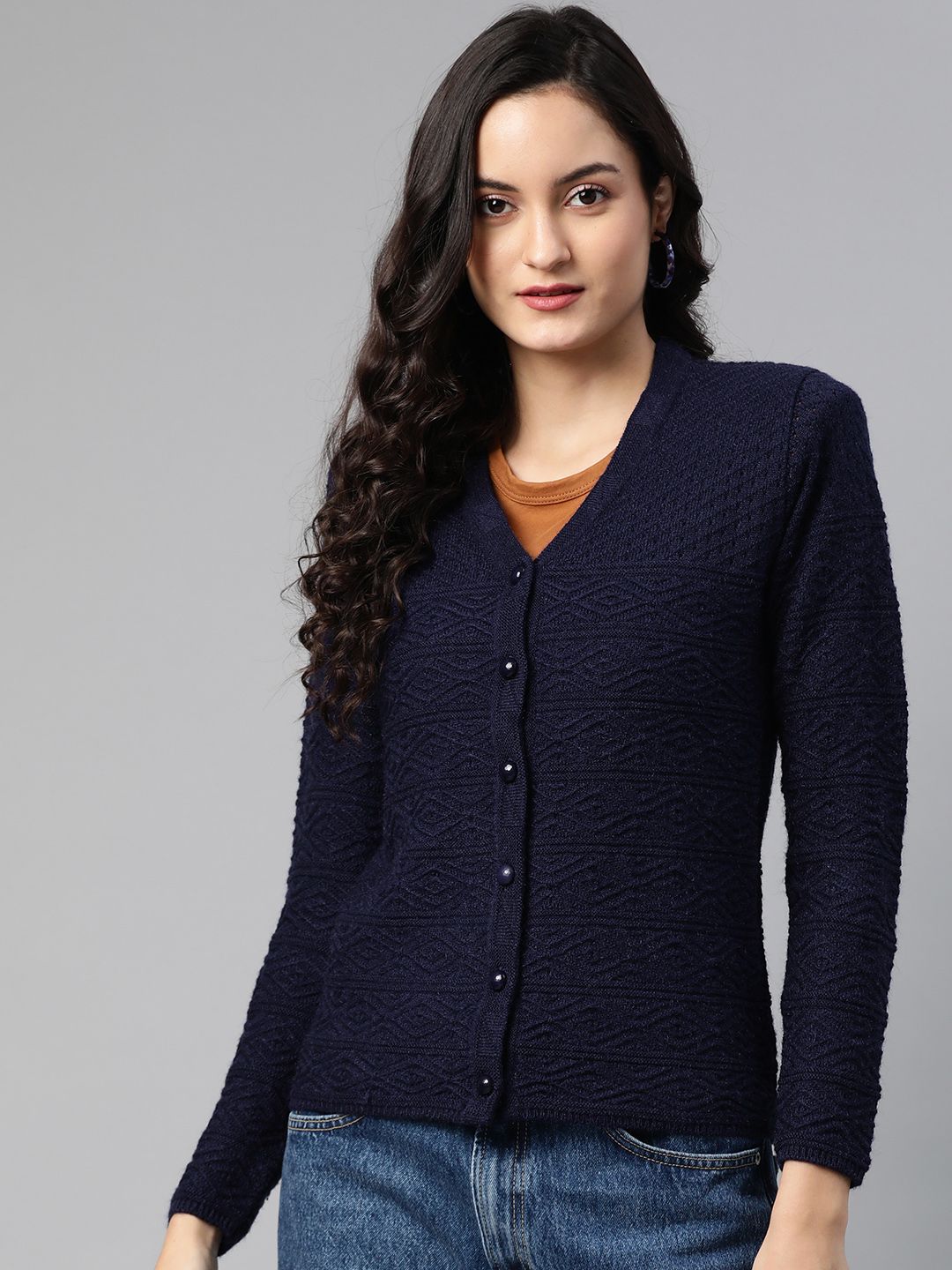 Cayman Women Navy Blue Woollen Self-Design Cardigan Price in India