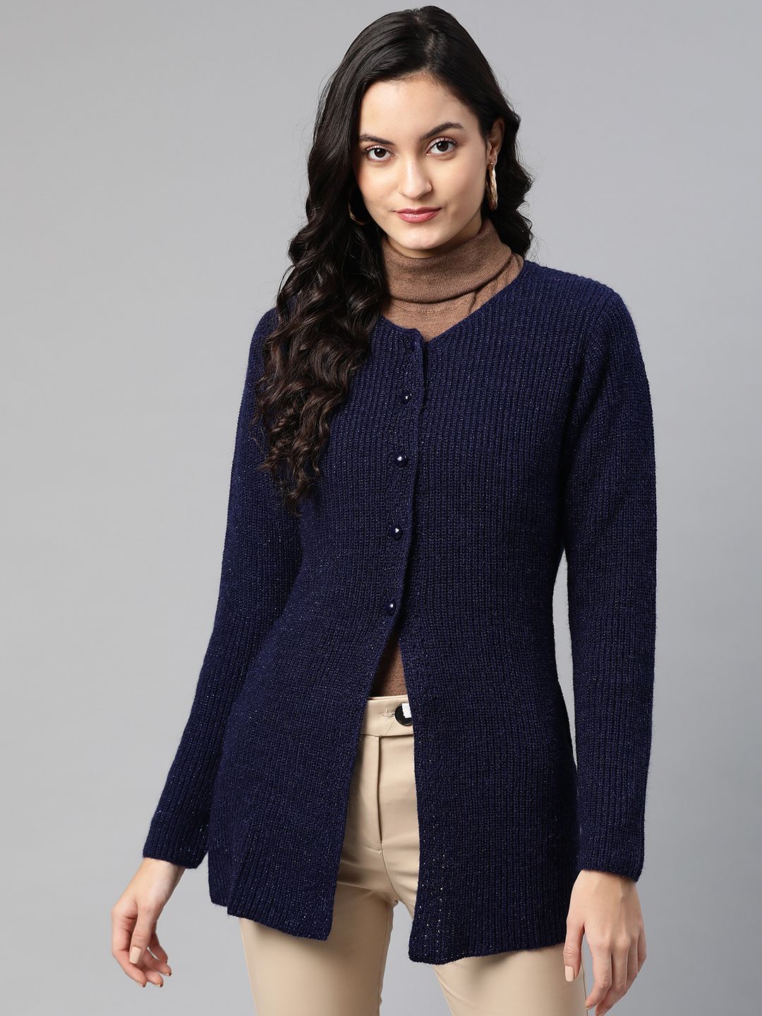 Cayman Women Navy Blue Solid Longline Cardigan Price in India