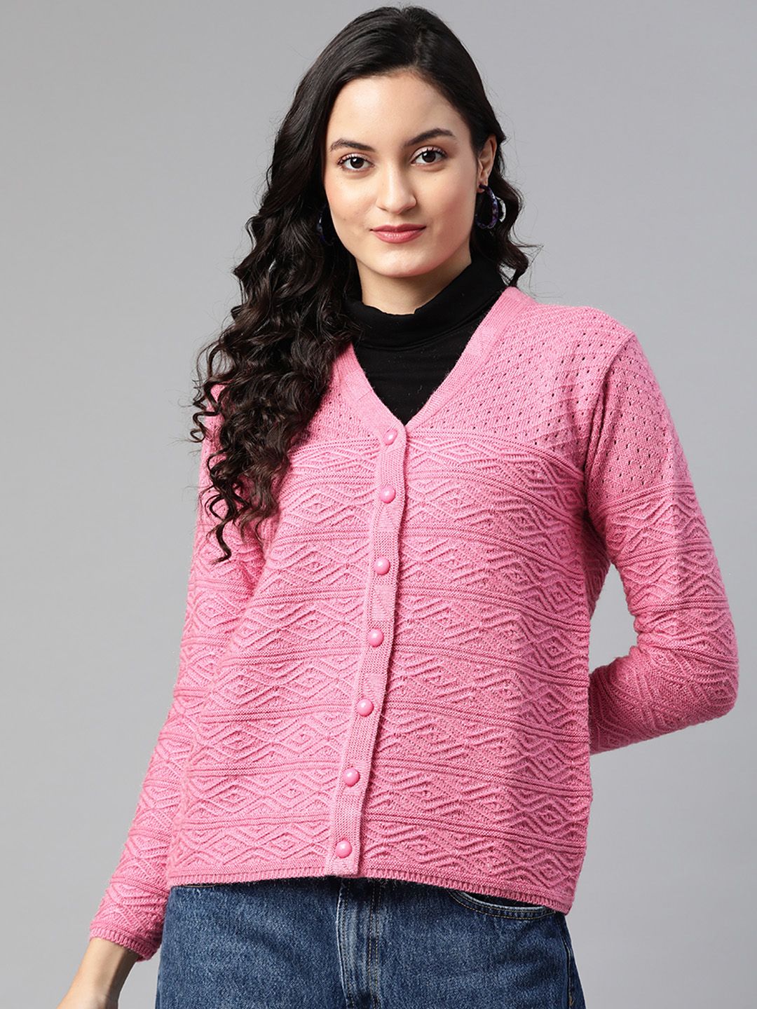 Cayman Women Pink Woollen Self-Design Cardigan Price in India