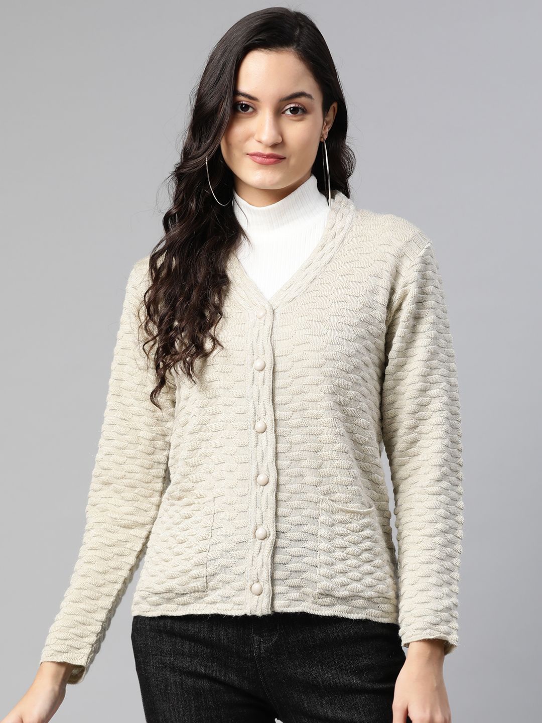 Cayman Women Beige Woollen Self Design Cardigan Price in India