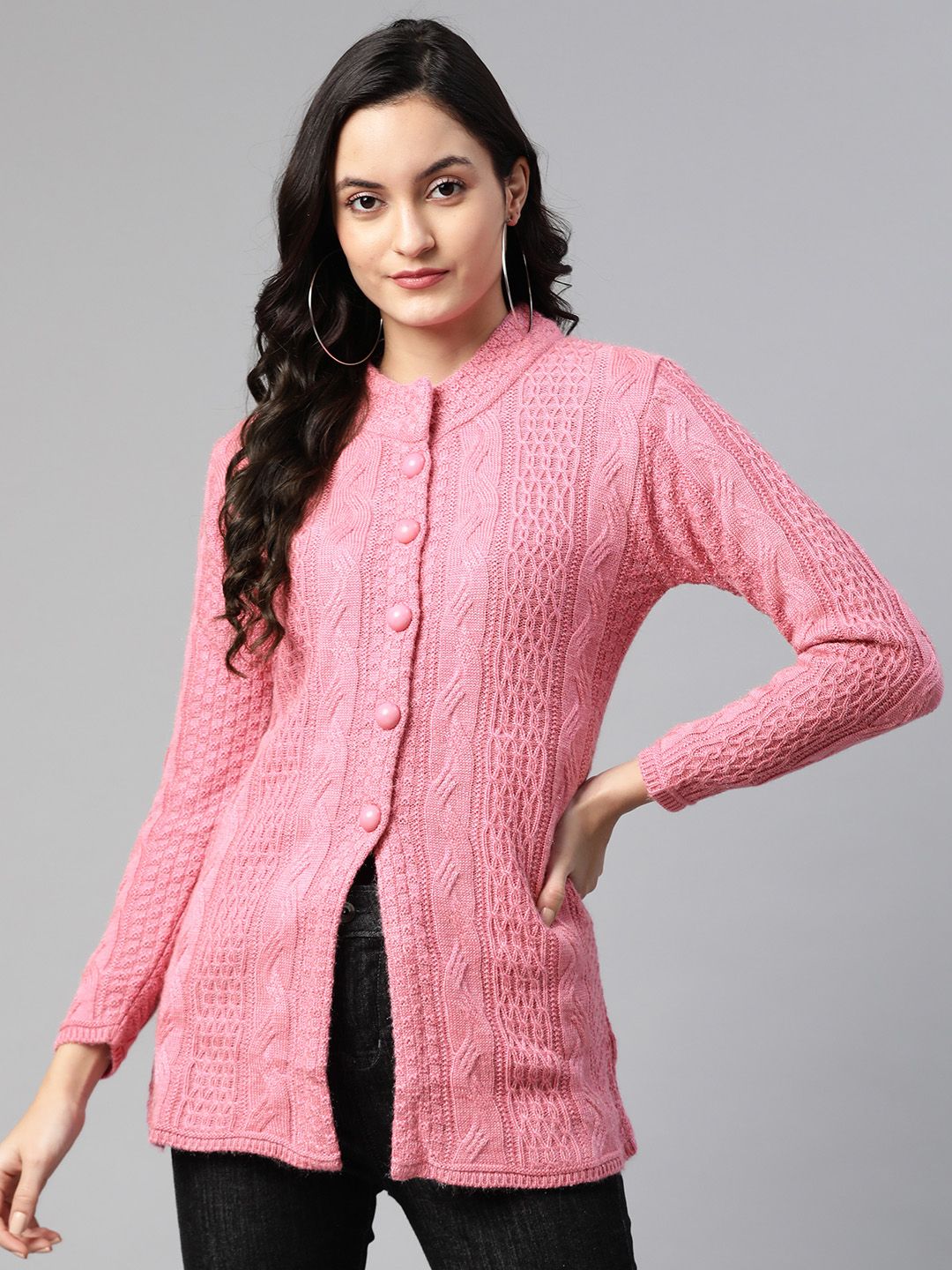 Cayman Women Pink Woollen Self-Design Longline Cardigan Price in India