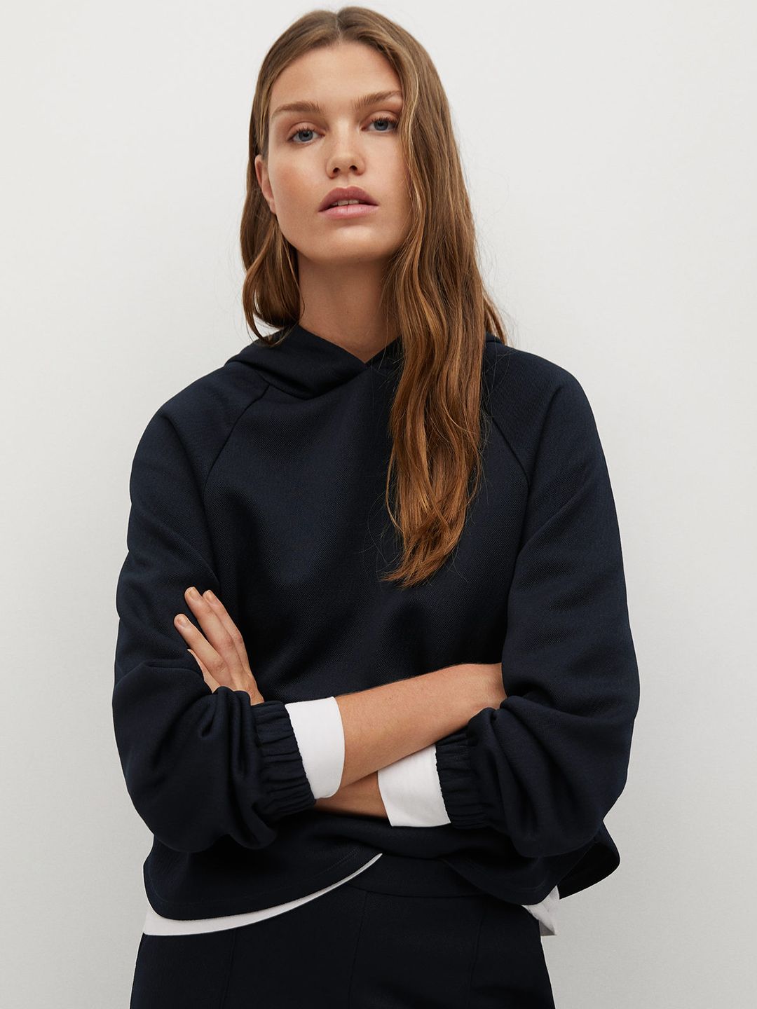 MANGO Women Black Solid Hooded Sweatshirt Price in India