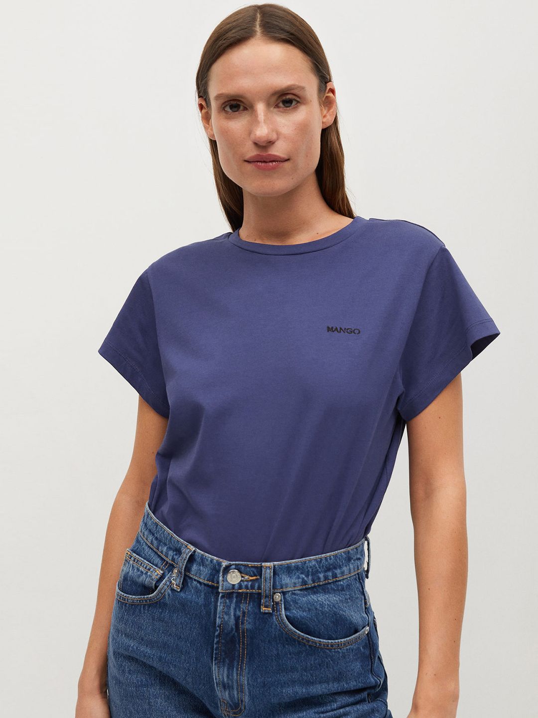 MANGO Women Blue Solid Sustainable Round Neck T-shirt