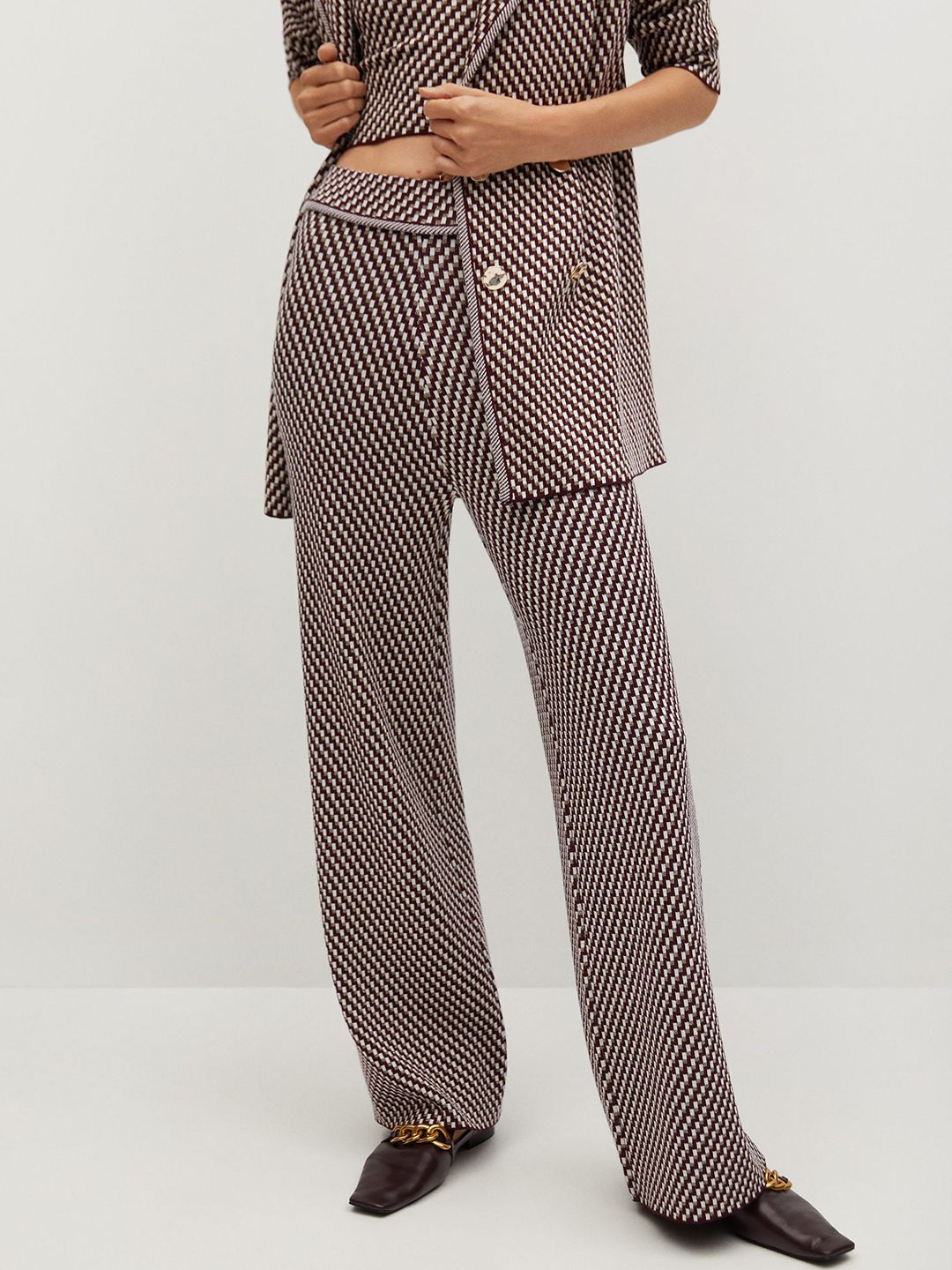 MANGO Women Burgundy & Off-White Checked Regular Fit Parallel Trousers Price in India