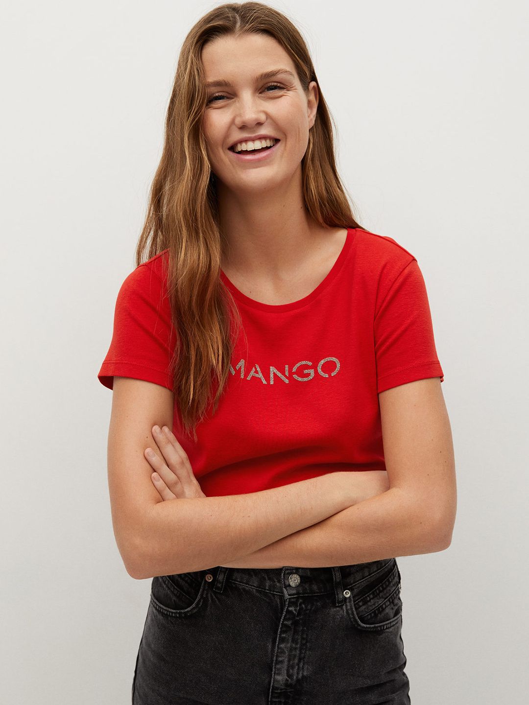 MANGO Women Red Brand Logo Printed Organic Cotton Round Neck T-shirt